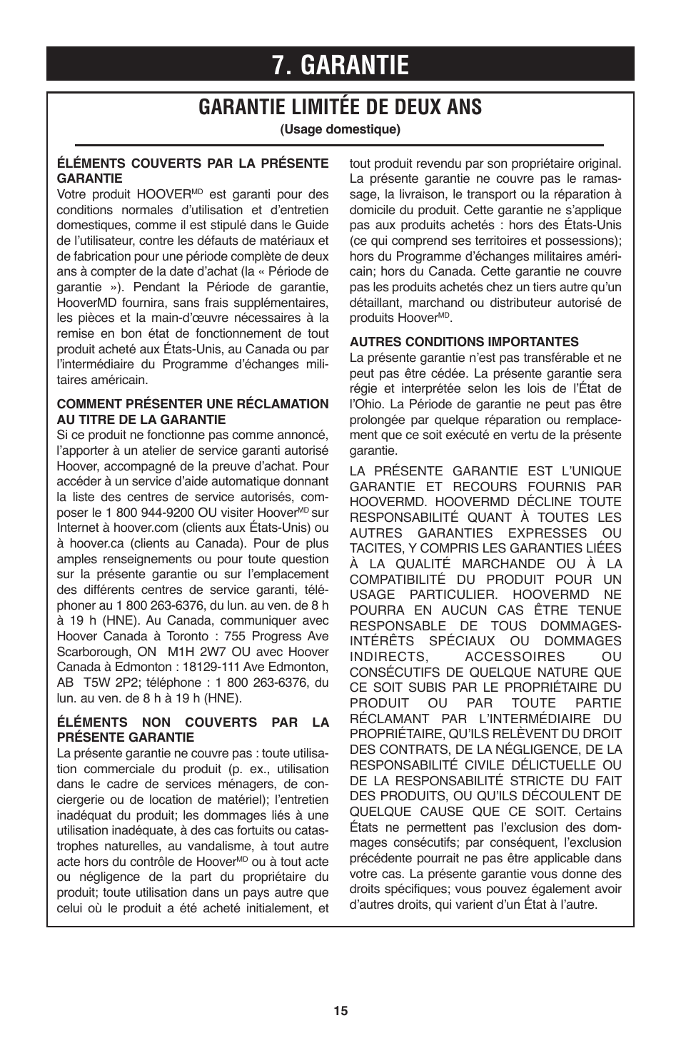 Garantie, Garantie limitée de deux ans | Hoover Windtunnel UH70120 User Manual | Page 45 / 45