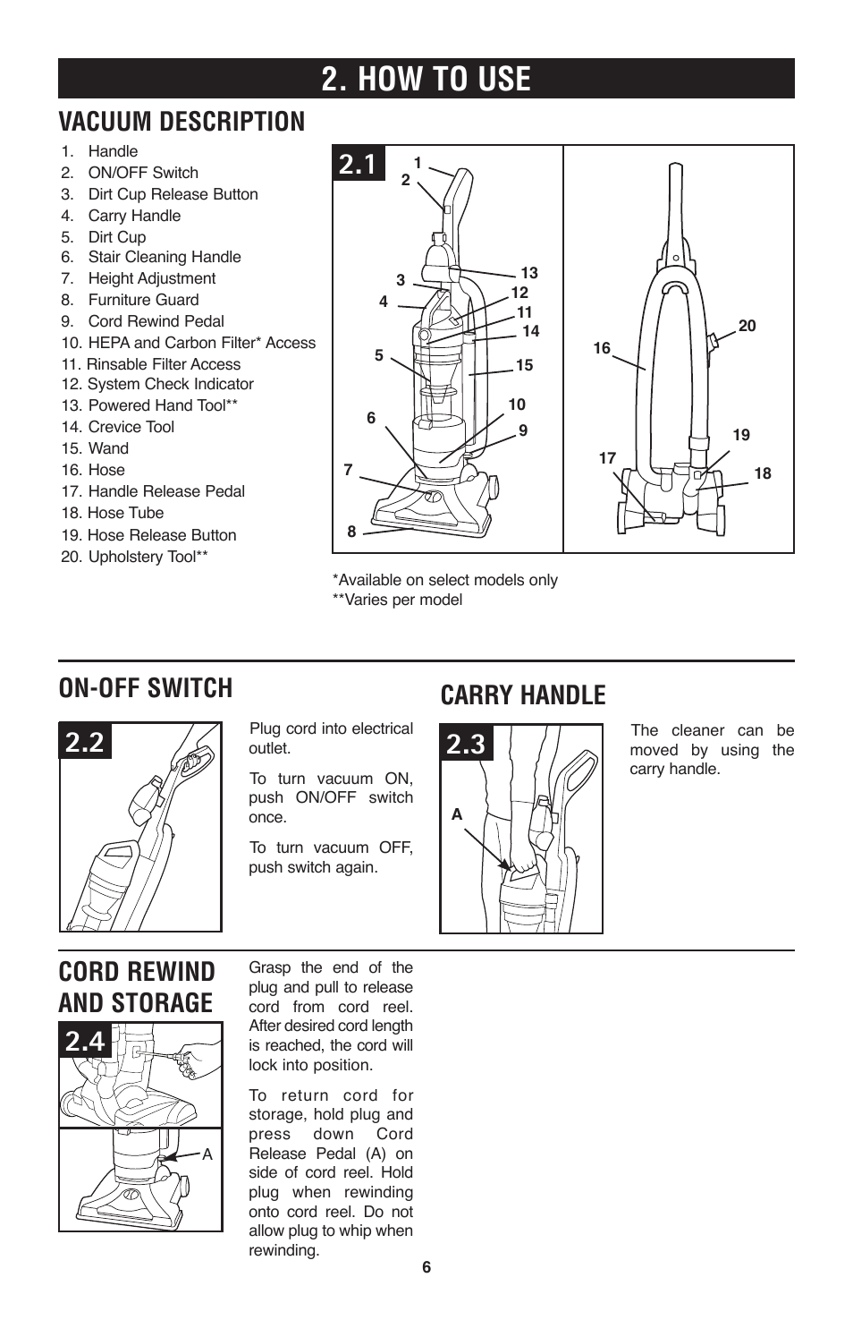 How to use, Carry handle, Cord rewind and storage | Vacuum description, On-off switch | Hoover Windtunnel UH70120 User Manual | Page 6 / 45