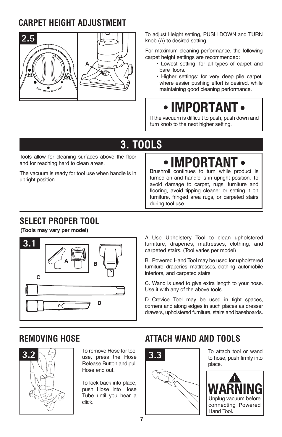 Important, Warning, Tools | Select proper tool, Removing hose, Attach wand and tools, Carpet height adjustment | Hoover Windtunnel UH70120 User Manual | Page 7 / 45