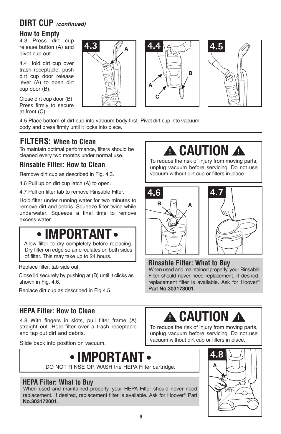 Caution, Important, Dirt cup | Filters | Hoover Windtunnel UH70120 User Manual | Page 9 / 45