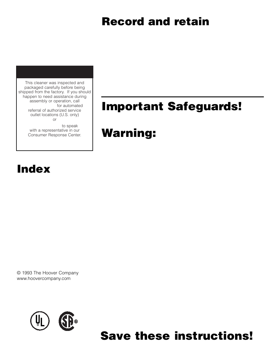 Important safeguards, Warning, Save these instructions | Record and retain, Index | Hoover Wet/Dry Vacuum cleaner User Manual | Page 2 / 9