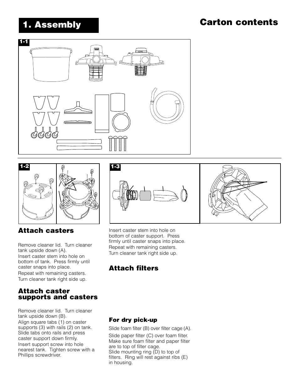 Carton contents, Assembly, Attach casters | Attach caster supports and casters, Attach filters | Hoover Wet/Dry Vacuum cleaner User Manual | Page 4 / 9