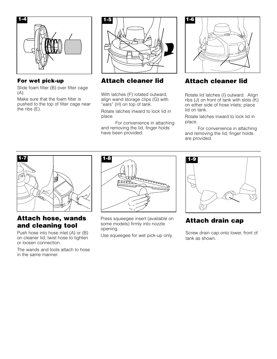 Attach cleaner lid, Attach hose, wands and cleaning tool, Attach drain cap | Hoover Wet/Dry Vacuum cleaner User Manual | Page 5 / 9