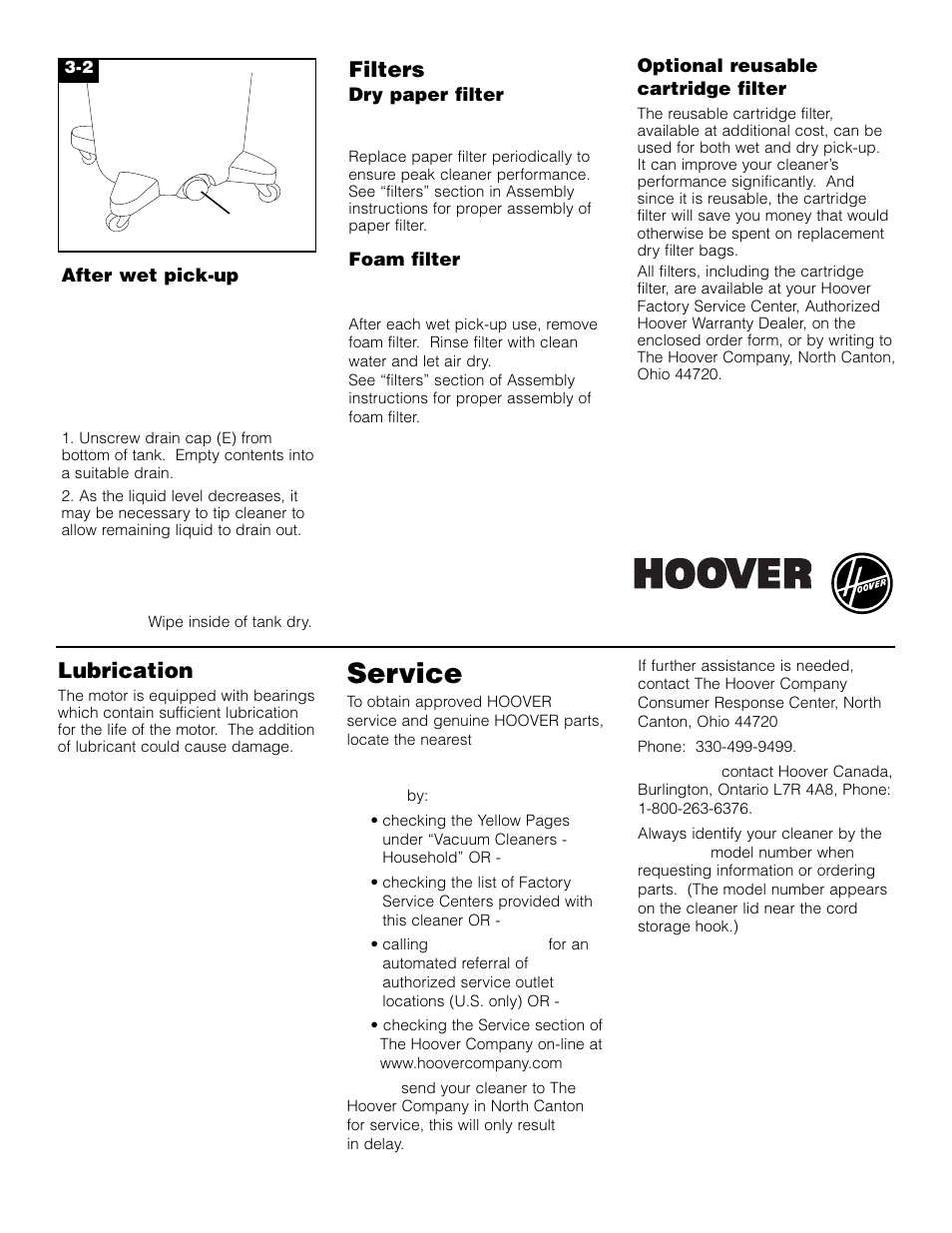 Service, Filters, Lubrication | Hoover Wet/Dry Vacuum cleaner User Manual | Page 8 / 9