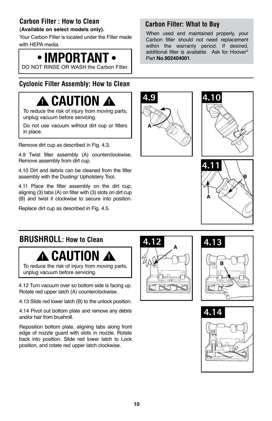 Caution, Important, Brushroll | Hoover WindTunnel UH70200 User Manual | Page 10 / 45