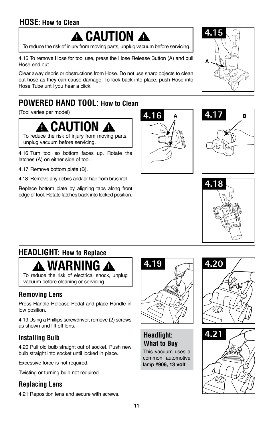 Caution, Warning, Powered hand tool | Hose, Headlight | Hoover WindTunnel UH70200 User Manual | Page 11 / 45