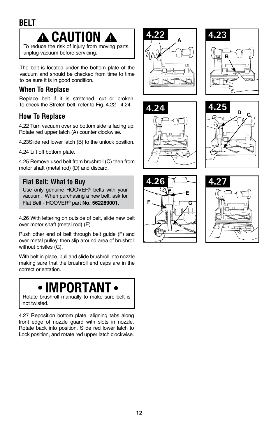 Caution, Important, Belt | Hoover WindTunnel UH70200 User Manual | Page 12 / 45