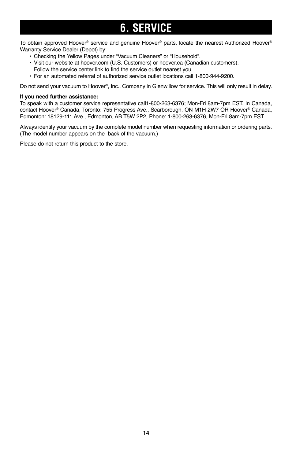 Service | Hoover WindTunnel UH70200 User Manual | Page 14 / 45