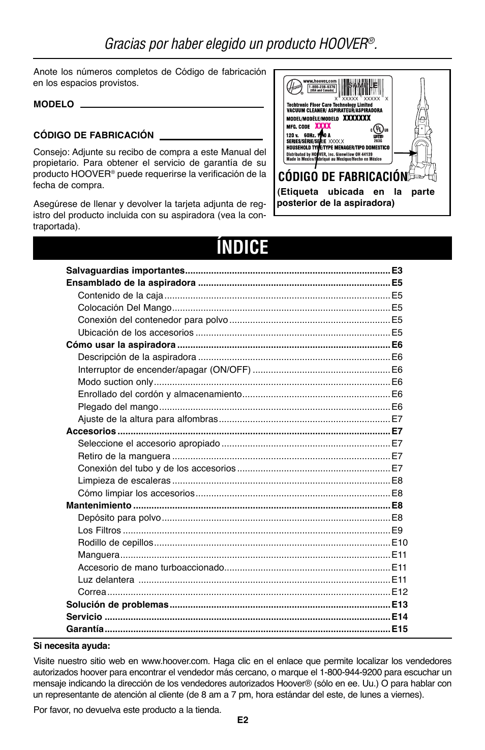 Índice, Gracias por haber elegido un producto hoover, Código de fabricación | Hoover WindTunnel UH70200 User Manual | Page 17 / 45