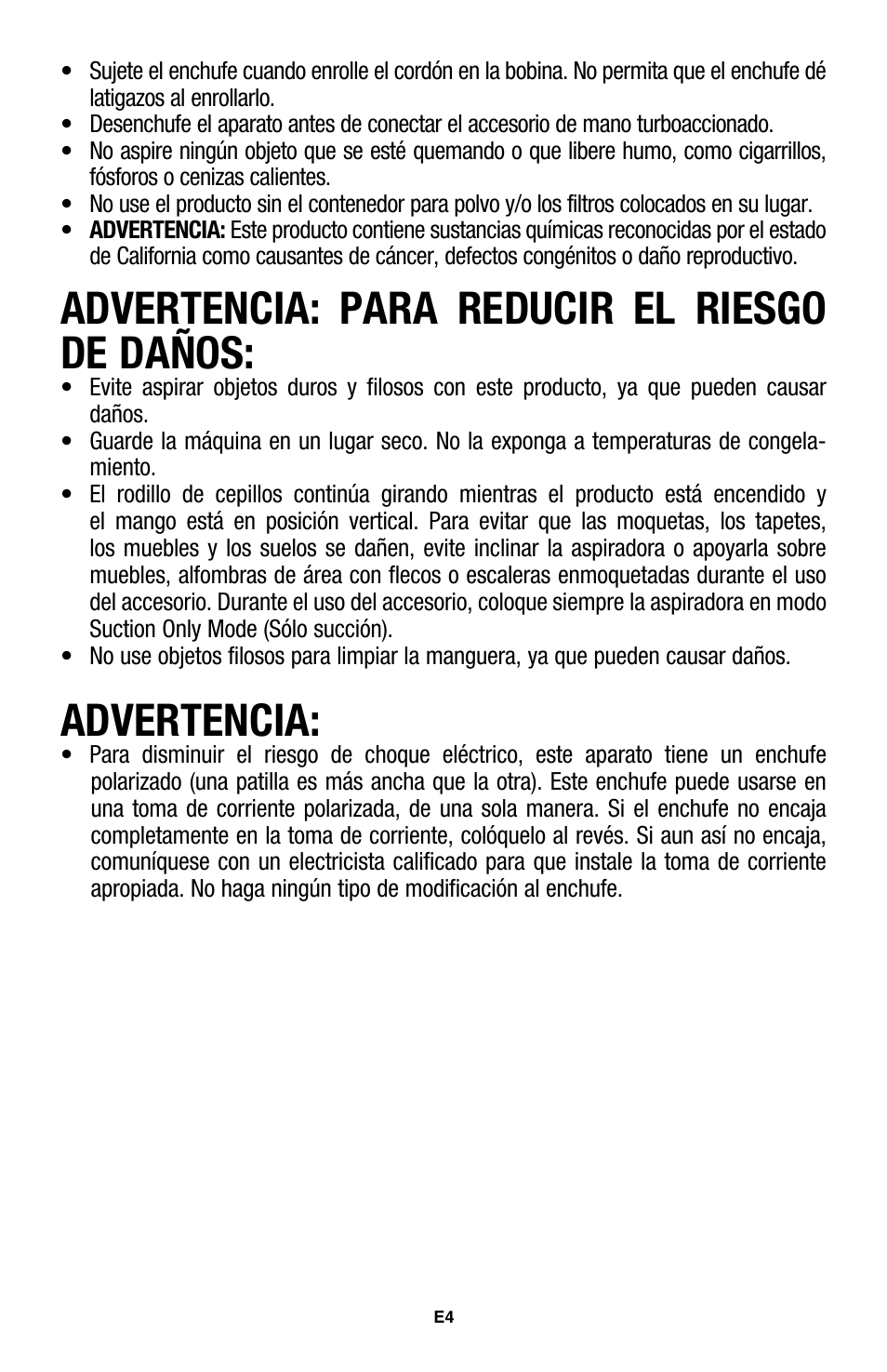 Advertencia: para reducir el riesgo de daños, Advertencia | Hoover WindTunnel UH70200 User Manual | Page 19 / 45