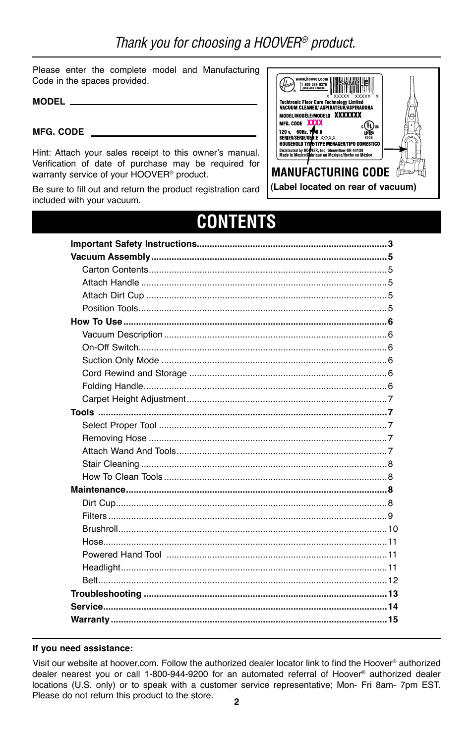 Hoover WindTunnel UH70200 User Manual | Page 2 / 45