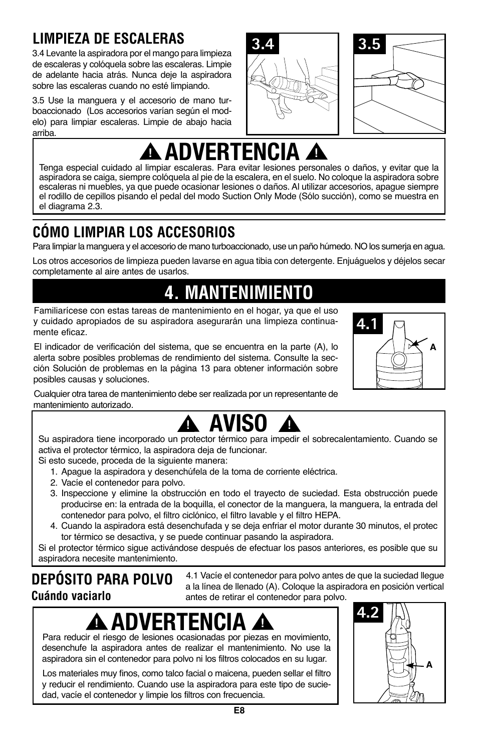 Aviso, Advertencia, Mantenimiento | Cómo limpiar los accesorios, Limpieza de escaleras, Depósito para polvo | Hoover WindTunnel UH70200 User Manual | Page 23 / 45