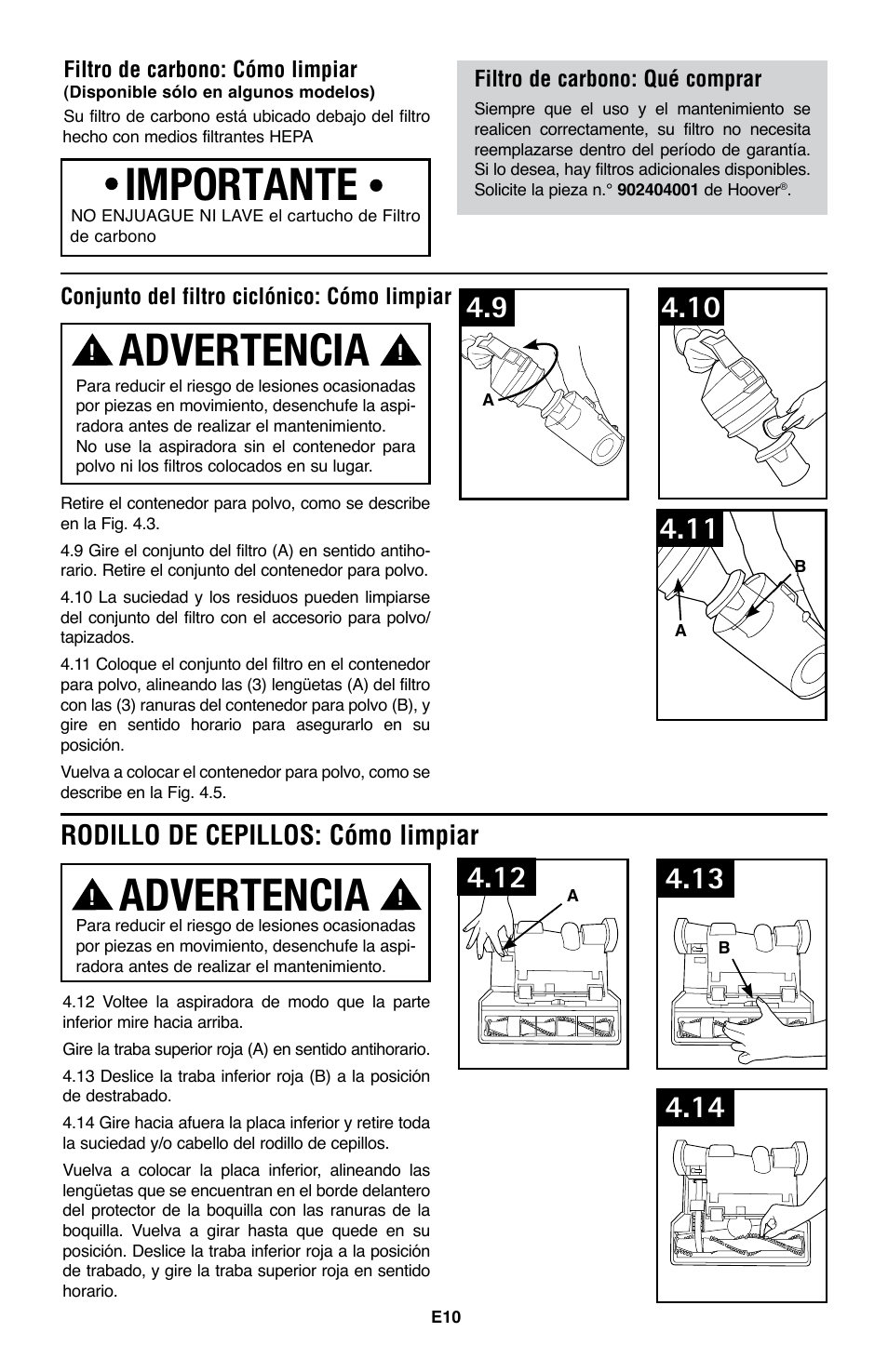 Advertencia, Importante, Rodillo de cepillos: cómo limpiar | Hoover WindTunnel UH70200 User Manual | Page 25 / 45