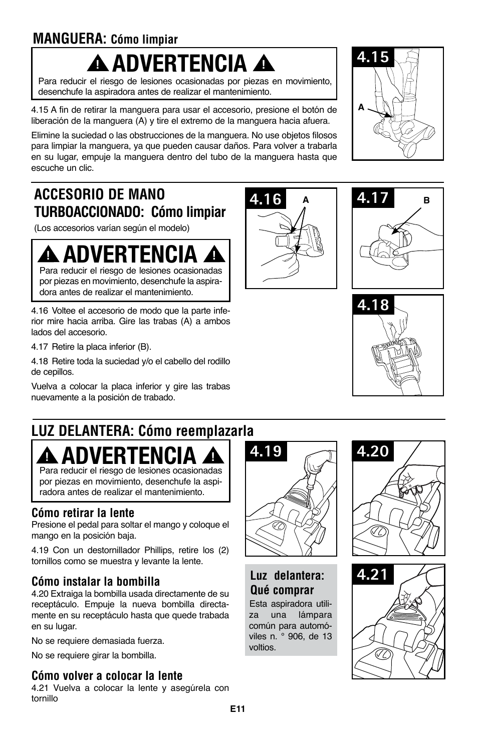 Advertencia, Accesorio de mano turboaccionado: cómo limpiar, Luz delantera: cómo reemplazarla | Manguera | Hoover WindTunnel UH70200 User Manual | Page 26 / 45