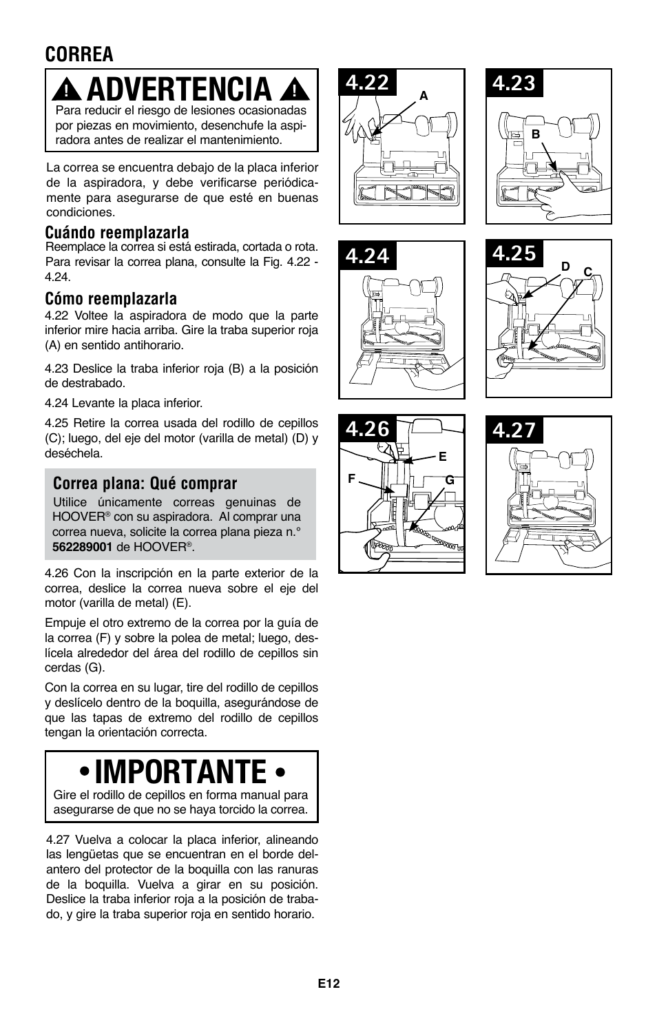 Advertencia, Importante, Correa | Hoover WindTunnel UH70200 User Manual | Page 27 / 45