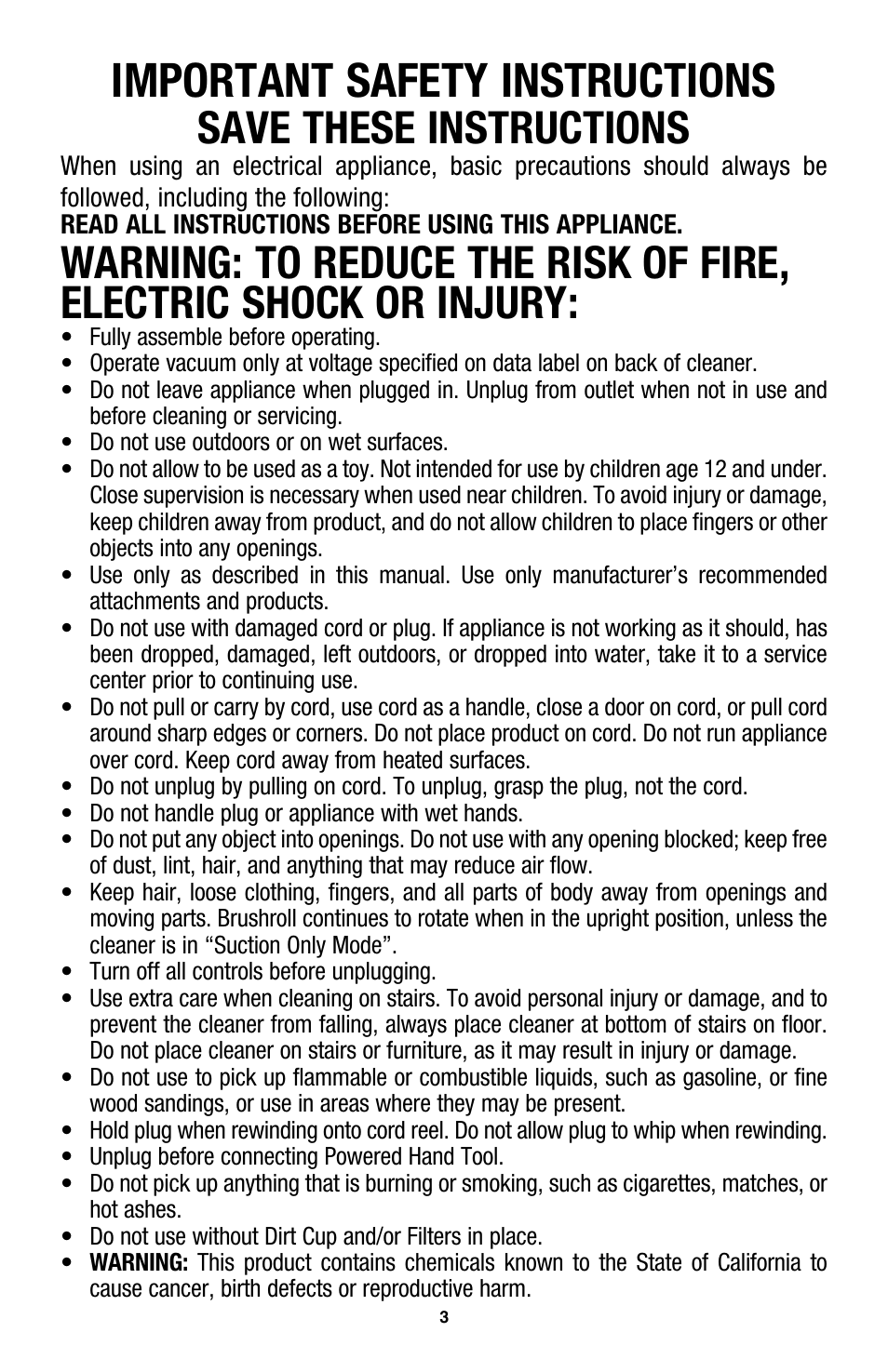 Important safety instructions, Save these instructions | Hoover WindTunnel UH70200 User Manual | Page 3 / 45