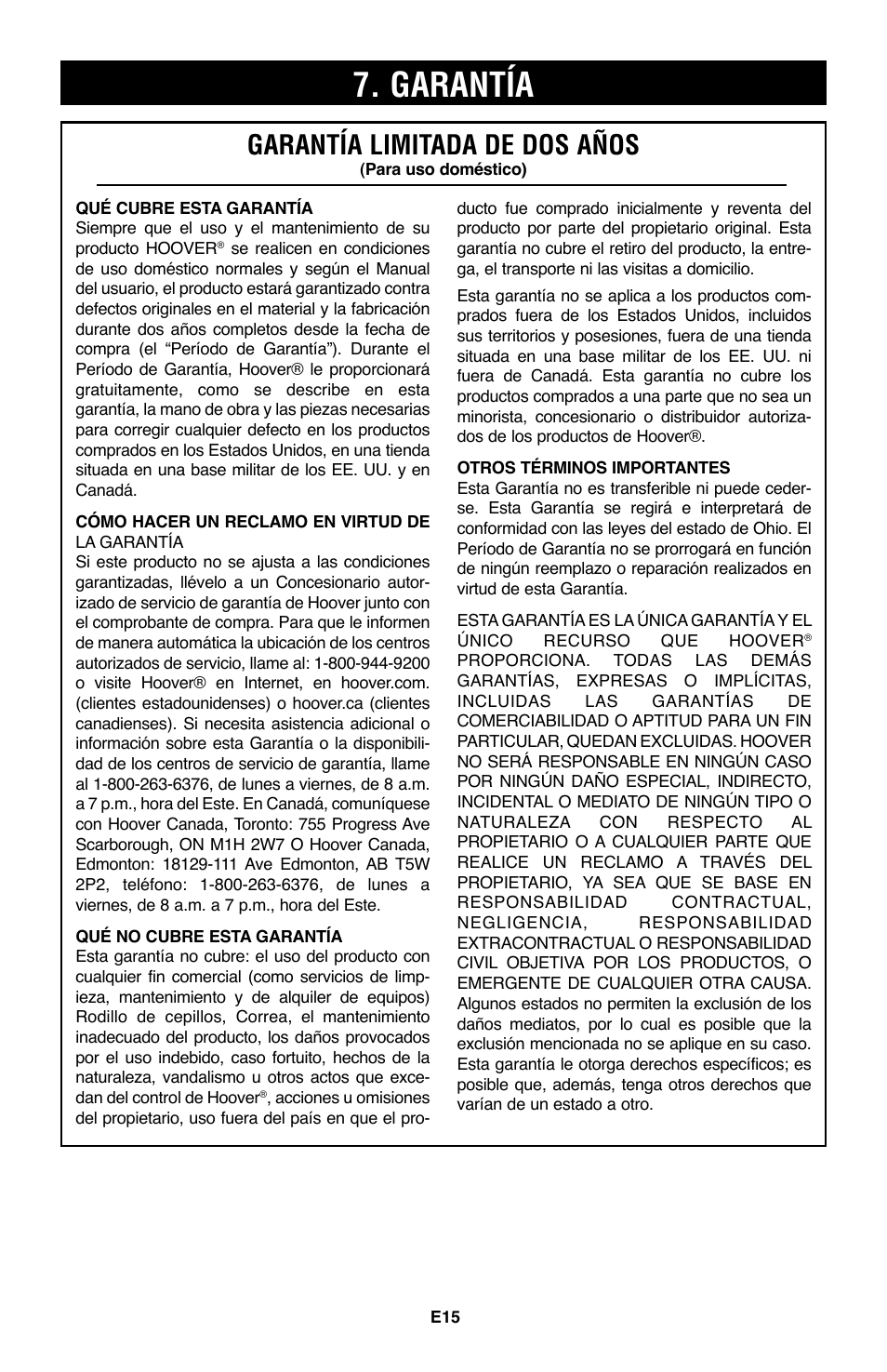 Garantía, Garantía limitada de dos años | Hoover WindTunnel UH70200 User Manual | Page 30 / 45