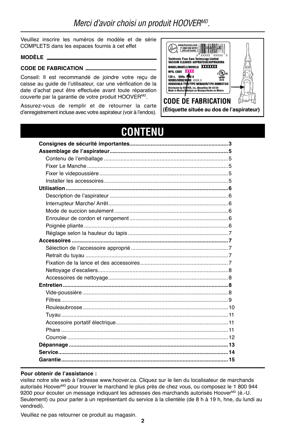 Contenu, Merci d’avoir choisi un produit hoover, Code de fabrication | Hoover WindTunnel UH70200 User Manual | Page 32 / 45