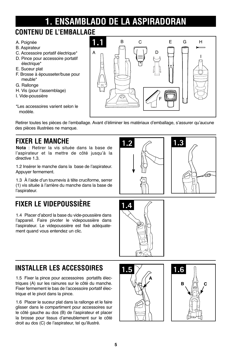 Ensamblado de la aspiradoran, Fixer le manche installer les accessoires, Fixer le videpoussière contenu de l’emballage | Hoover WindTunnel UH70200 User Manual | Page 35 / 45