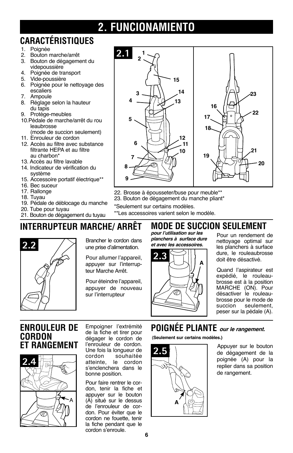 Funcionamiento, Caractéristiques, Enrouleur de cordon et rangement poignée pliante | Hoover WindTunnel UH70200 User Manual | Page 36 / 45