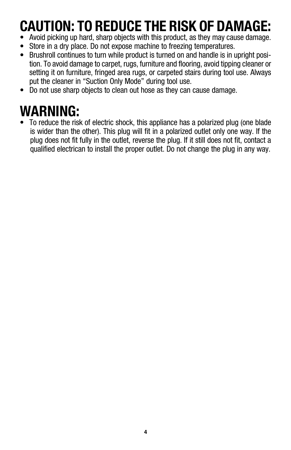 Caution: to reduce the risk of damage, Warning | Hoover WindTunnel UH70200 User Manual | Page 4 / 45