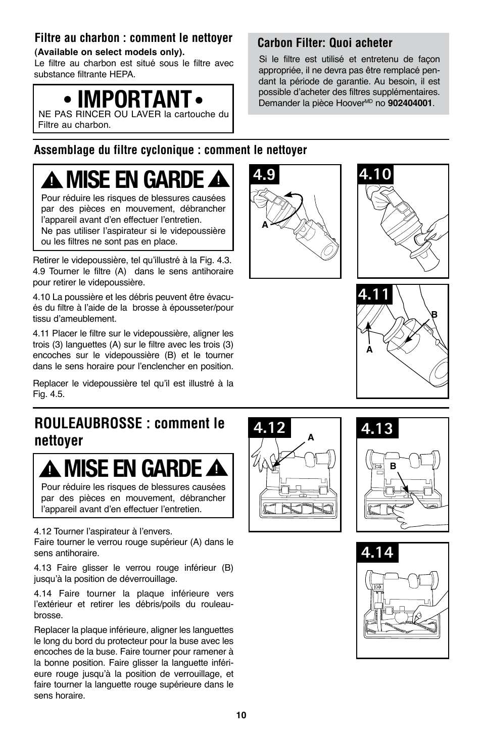 Mise en garde, Important, Rouleaubrosse : comment le nettoyer | Hoover WindTunnel UH70200 User Manual | Page 40 / 45