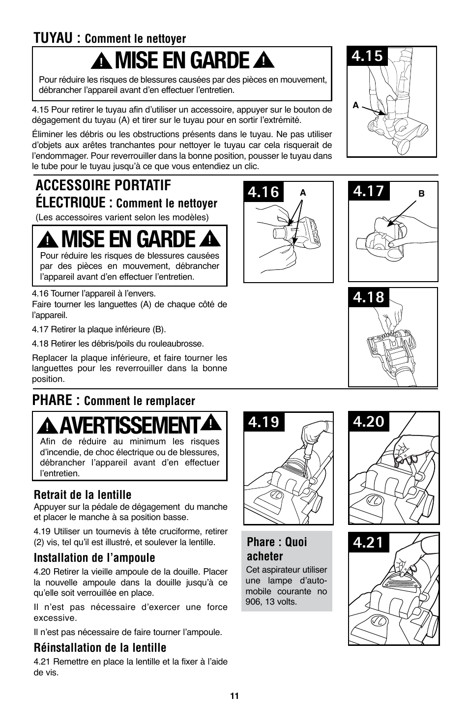 Mise en garde, Avertissement, Accessoire portatif électrique | Tuyau, Phare | Hoover WindTunnel UH70200 User Manual | Page 41 / 45