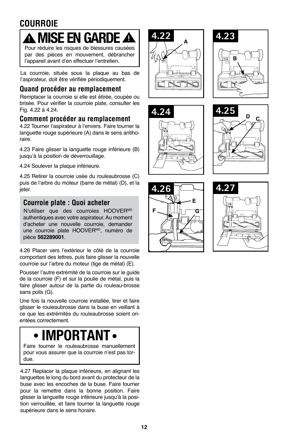 Mise en garde, Important, Courroie | Hoover WindTunnel UH70200 User Manual | Page 42 / 45