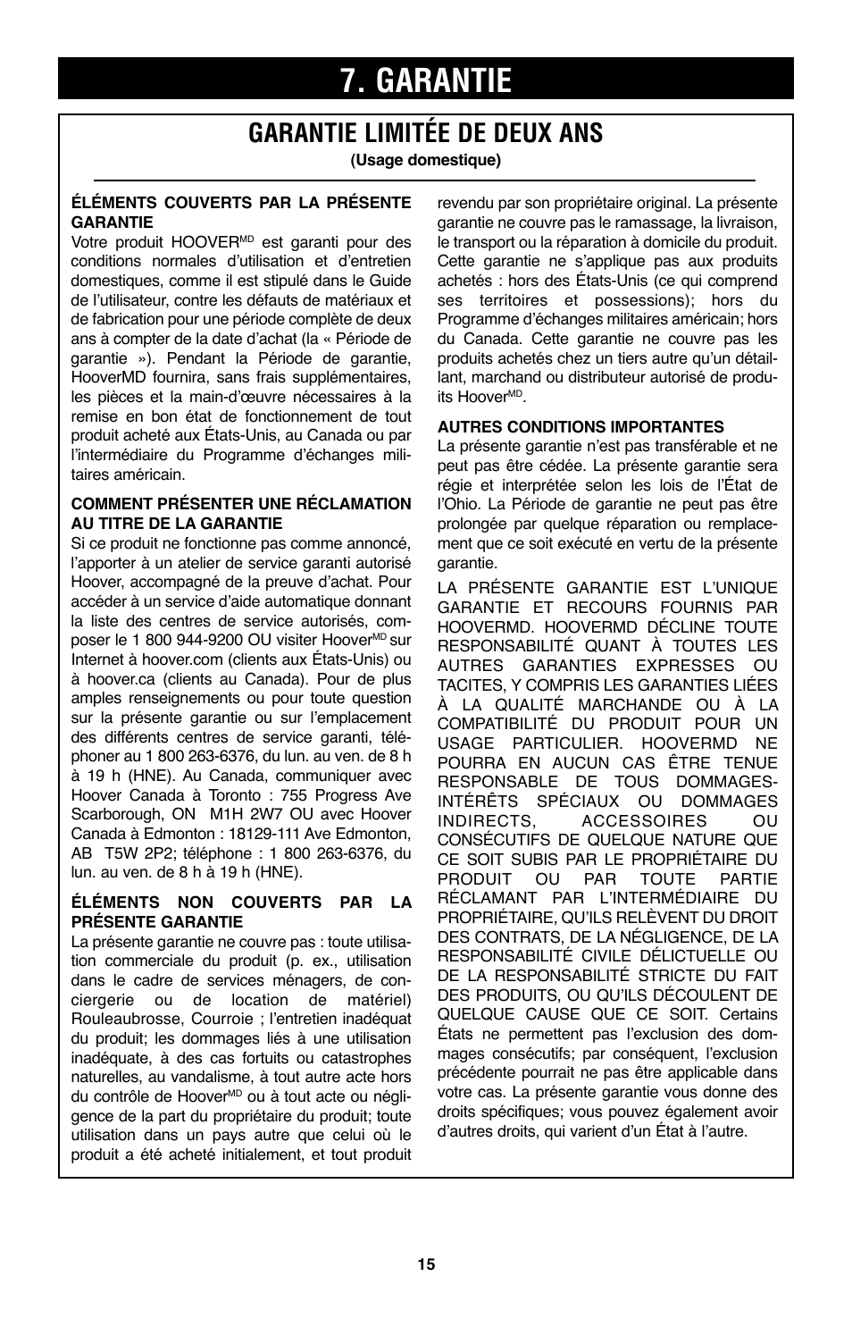 Garantie, Garantie limitée de deux ans | Hoover WindTunnel UH70200 User Manual | Page 45 / 45