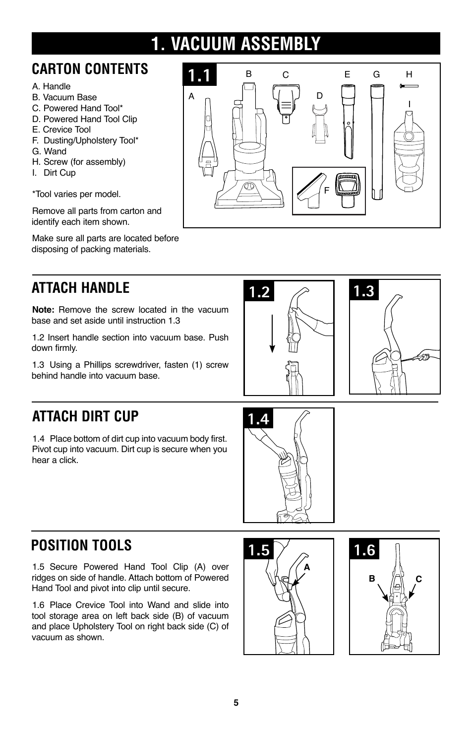 Vacuum assembly, Attach handle position tools, Attach dirt cup | Carton contents | Hoover WindTunnel UH70200 User Manual | Page 5 / 45