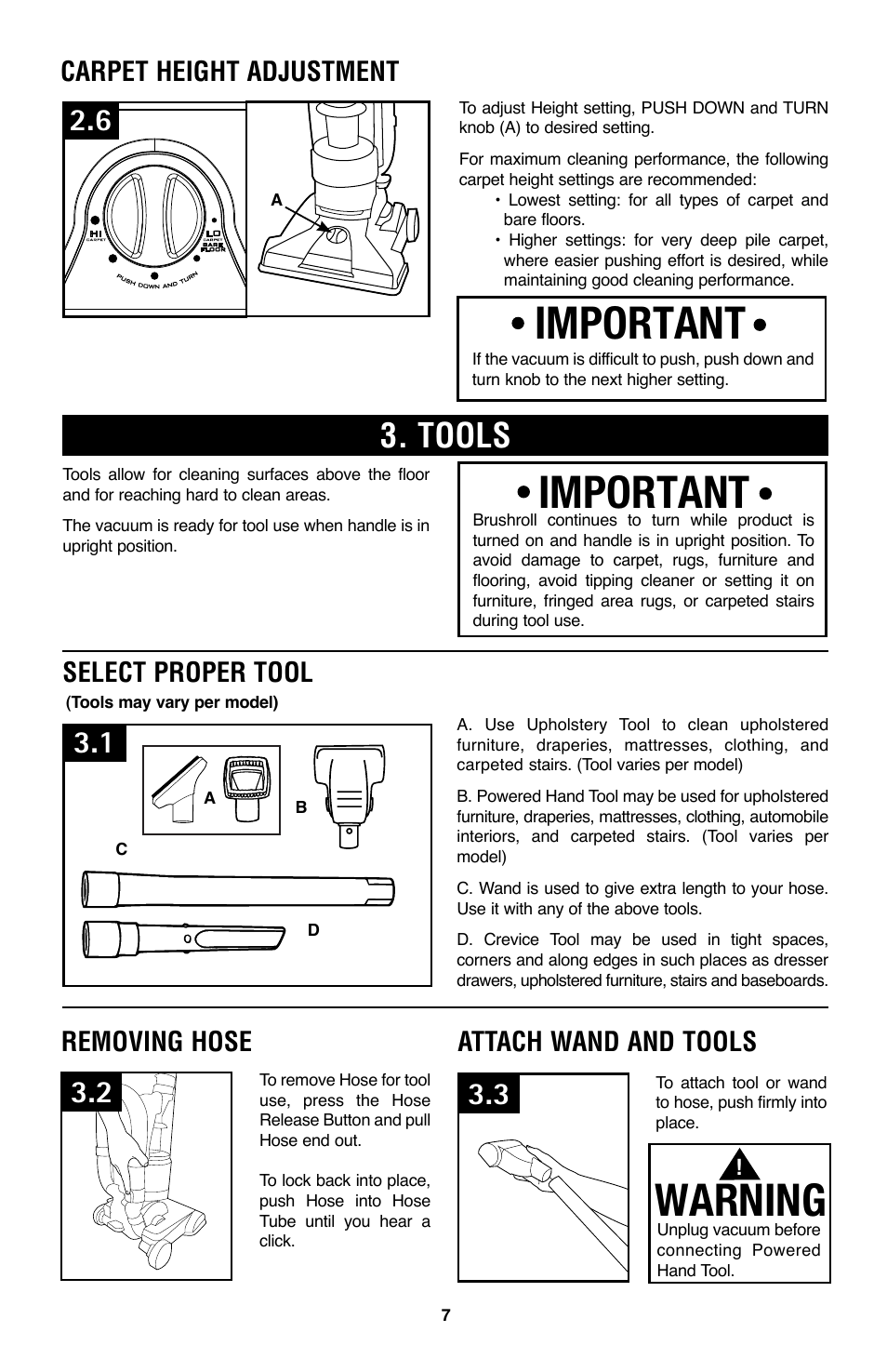 Warning, Important, Tools | Select proper tool, Removing hose, Attach wand and tools, Carpet height adjustment | Hoover WindTunnel UH70200 User Manual | Page 7 / 45