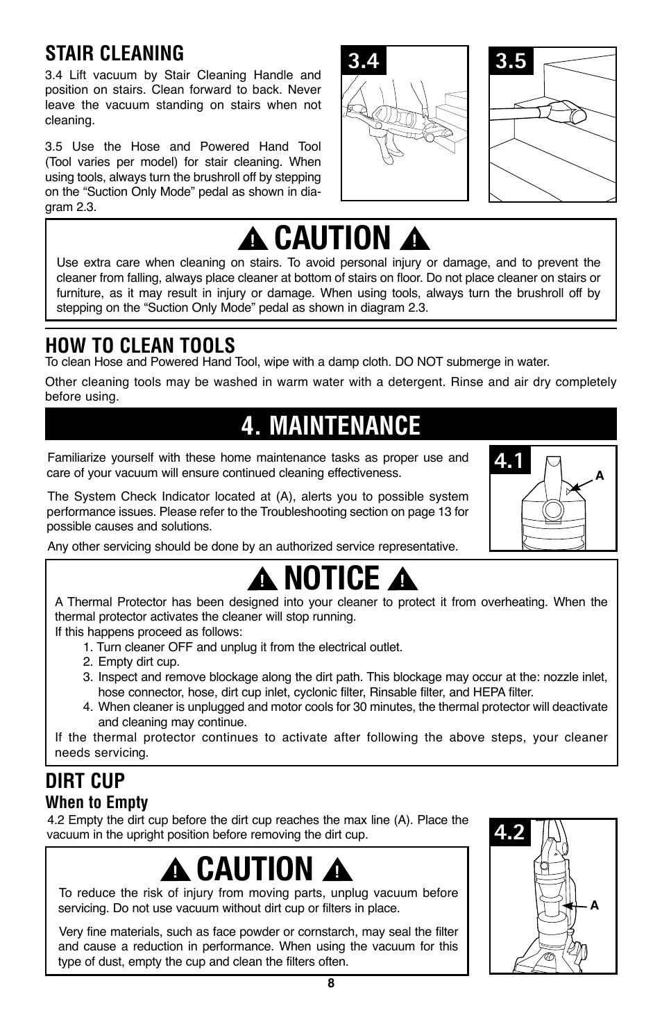 Notice, Caution, Maintenance | How to clean tools, Stair cleaning, Dirt cup | Hoover WindTunnel UH70200 User Manual | Page 8 / 45