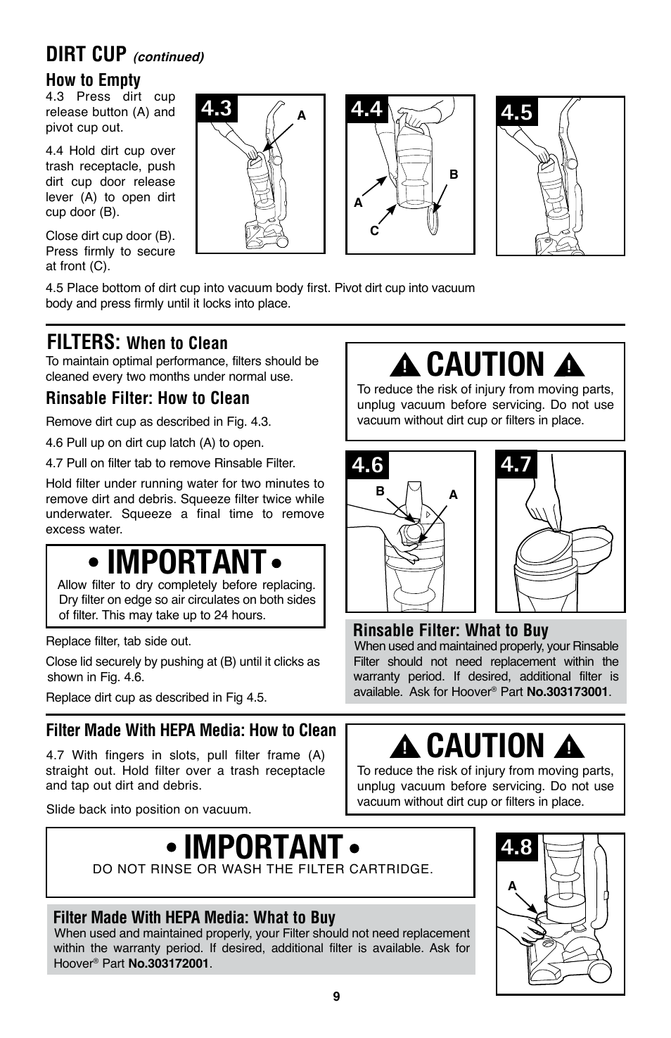Caution, Important, Dirt cup | Filters | Hoover WindTunnel UH70200 User Manual | Page 9 / 45