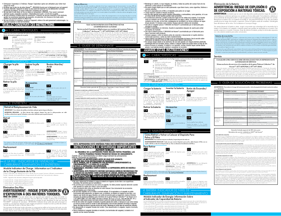 Instrucciones de seguridad importantes, Guarde estas instrucciones, Utilisation | Guide de dèpannage, Guía de solución de problemas, Advertencia, Entretien, Caractéristiques, Funcionamiento, Características | Hoover LiNX User Manual | Page 2 / 2