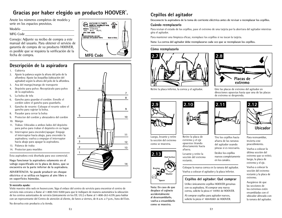 Gracias por haber elegido un producto hoover, Descripción de la aspiradora, Mfg code | Placas de extremo ubicador | Hoover C1433010 User Manual | Page 10 / 12