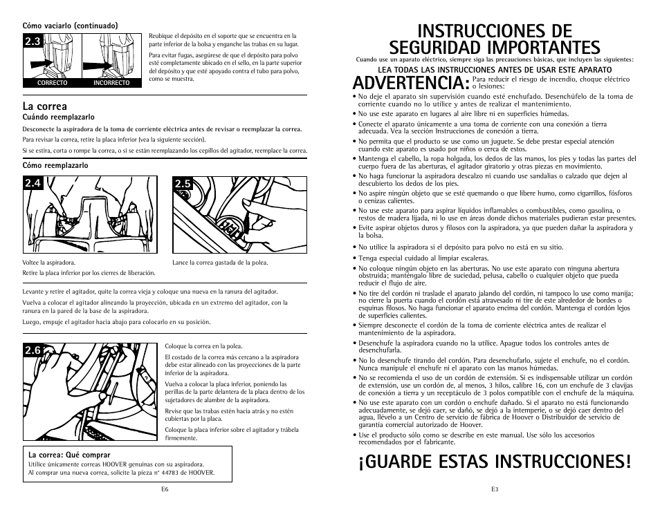Instrucciones de seguridad importantes, Advertencia, Guarde estas instrucciones | Hoover C1433010 User Manual | Page 11 / 12