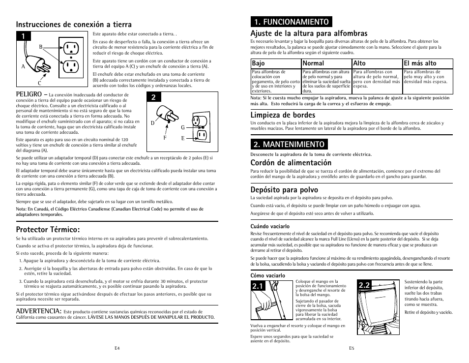 Depósito para polvo, Ajuste de la altura para alfombras, Cordón de alimentación limpieza de bordes | Mantenimiento 1. funcionamiento 2.1, Instrucciones de conexión a tierra, Protector térmico | Hoover C1433010 User Manual | Page 12 / 12