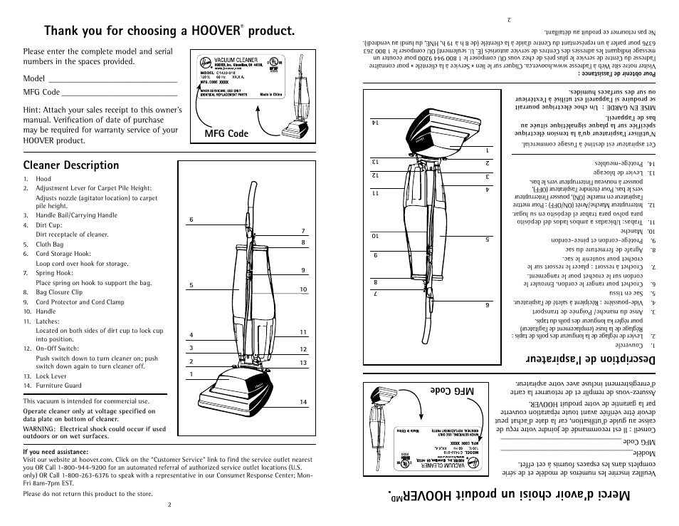 Merci d’avoir choisi un produit hoover, Product, Description de l’aspirateur | Cleaner description, Mfg code | Hoover C1433010 User Manual | Page 2 / 12