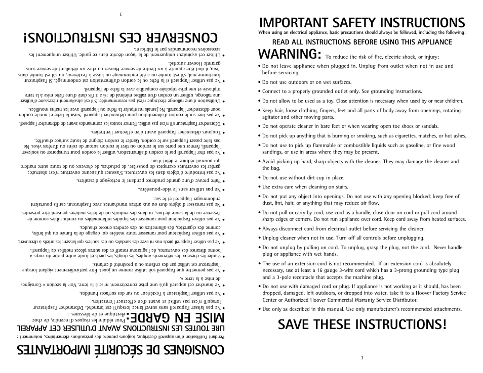 Mise en garde, Conserver ces instructions, Important safety instructions | Warning, Save these instructions, Consignes de sécurité import antes, Read all instructions before using this appliance | Hoover C1433010 User Manual | Page 3 / 12