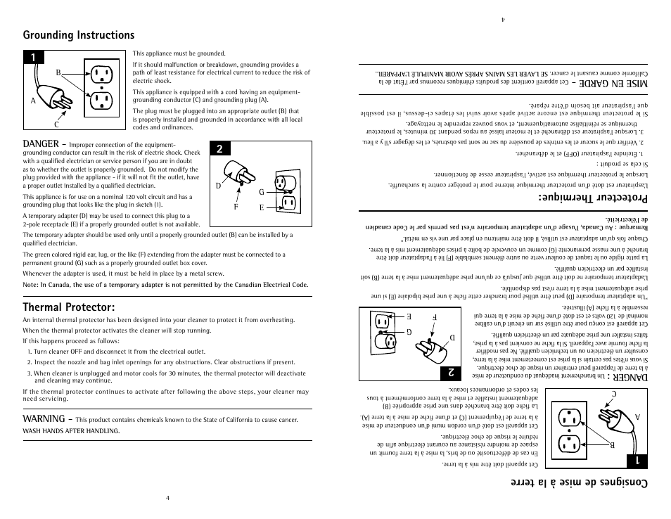 Consignes de mise à la terre, Protecteur thermique, Grounding instructions | Thermal protector, Dan ger, Mis e en g ard e, Danger, Warning | Hoover C1433010 User Manual | Page 4 / 12