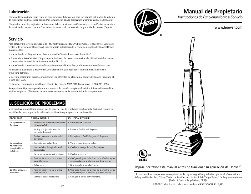 Manual del propietario, Solución de problemas, Lubricación | Servicio, Instrucciones de funcionamiento y servicio | Hoover C1433010 User Manual | Page 9 / 12