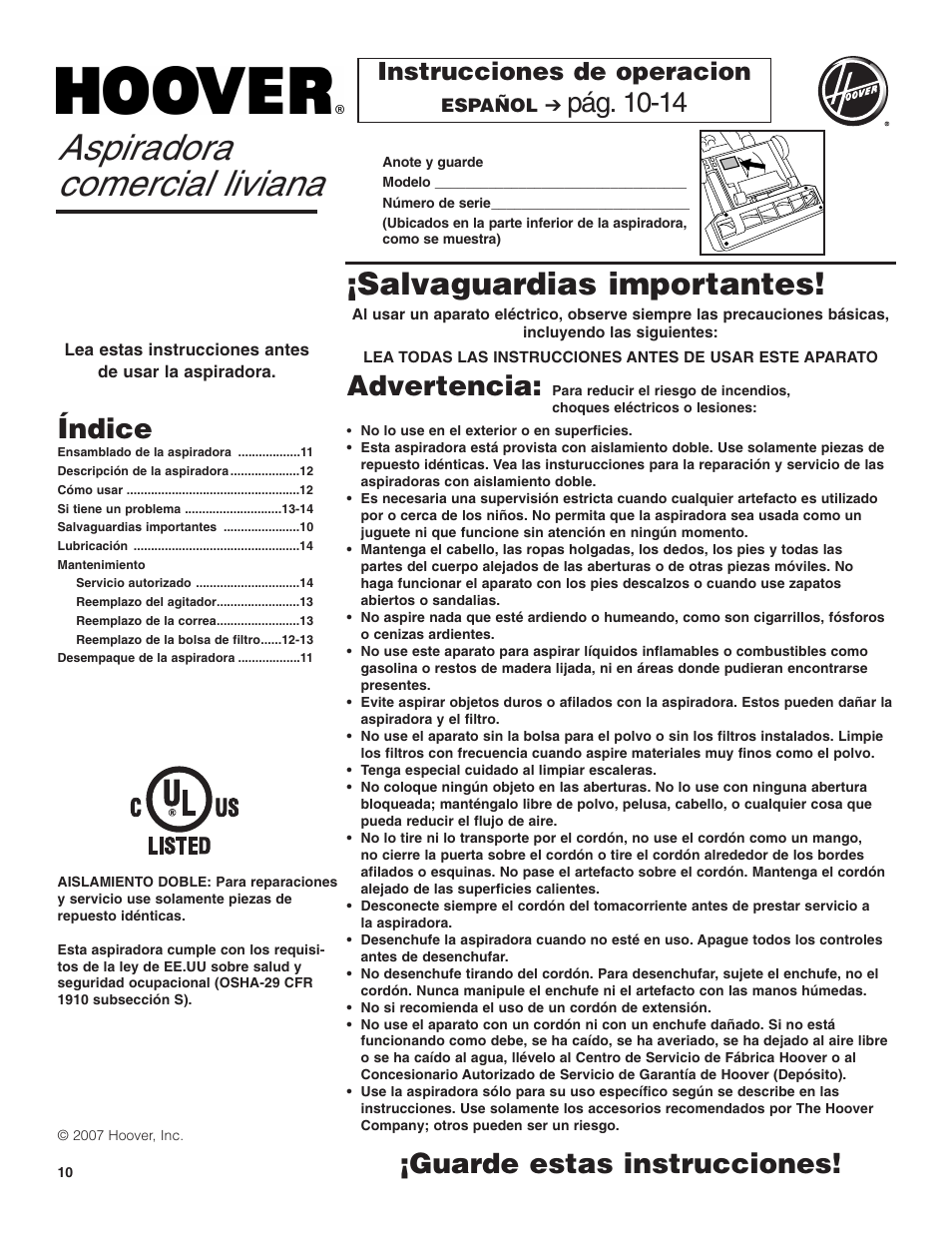 Aspiradora comercial liviana, Salvaguardias importantes, Pág. 10-14 | Índice, Advertencia, Guarde estas instrucciones, Instrucciones de operacion | Hoover C1404 User Manual | Page 10 / 20