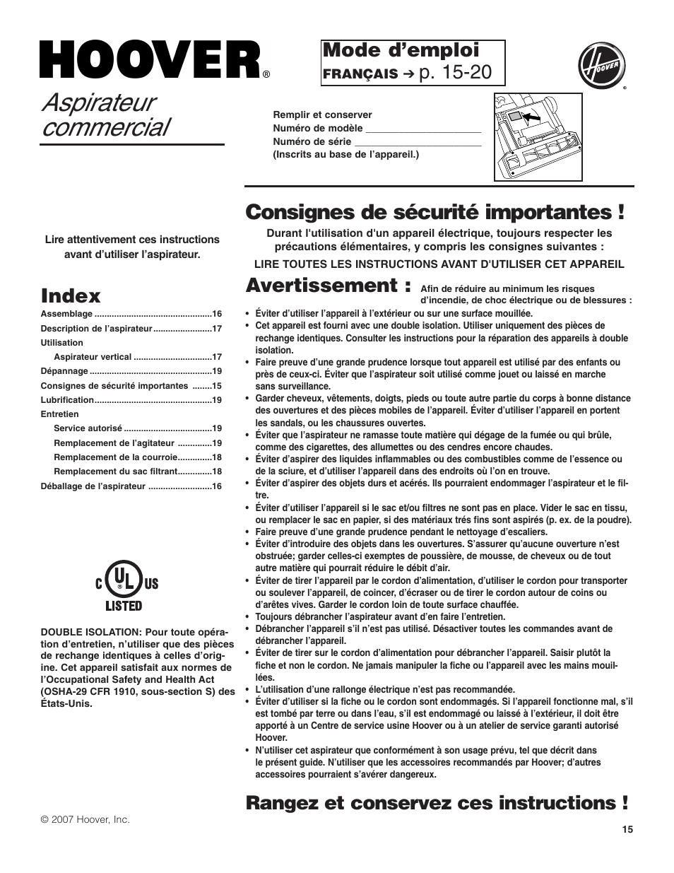 Aspirateur commercial, Consignes de sécurité importantes, Mode d’emploi | P. 15-20, Avertissement, Index, Rangez et conservez ces instructions | Hoover C1404 User Manual | Page 15 / 20