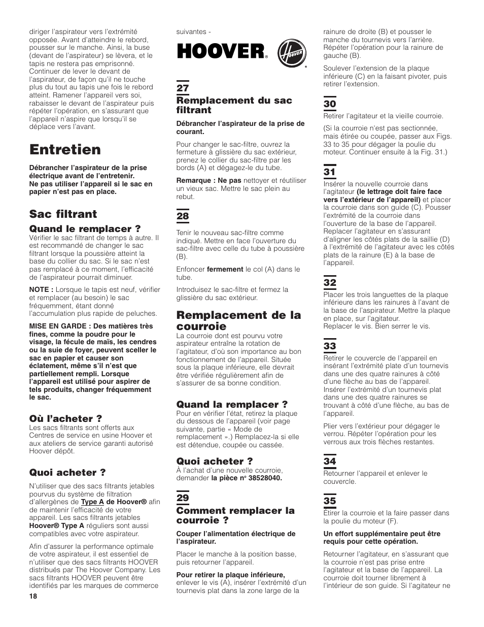 Entretien, Remplacement de la courroie, Sac filtrant | Hoover C1404 User Manual | Page 18 / 20