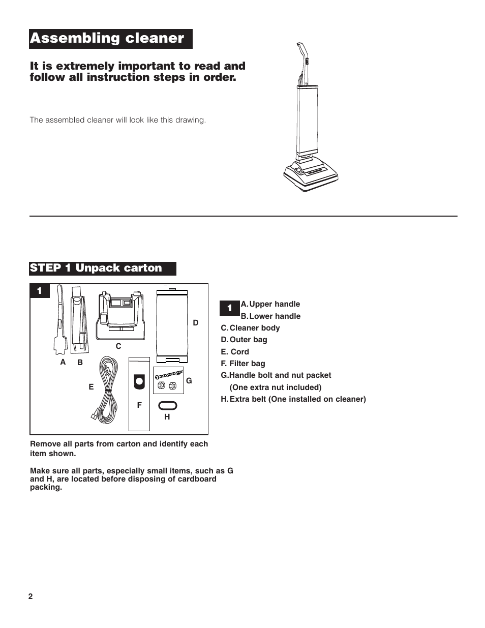Assembling cleaner, Step 1 unpack carton | Hoover C1404 User Manual | Page 2 / 20