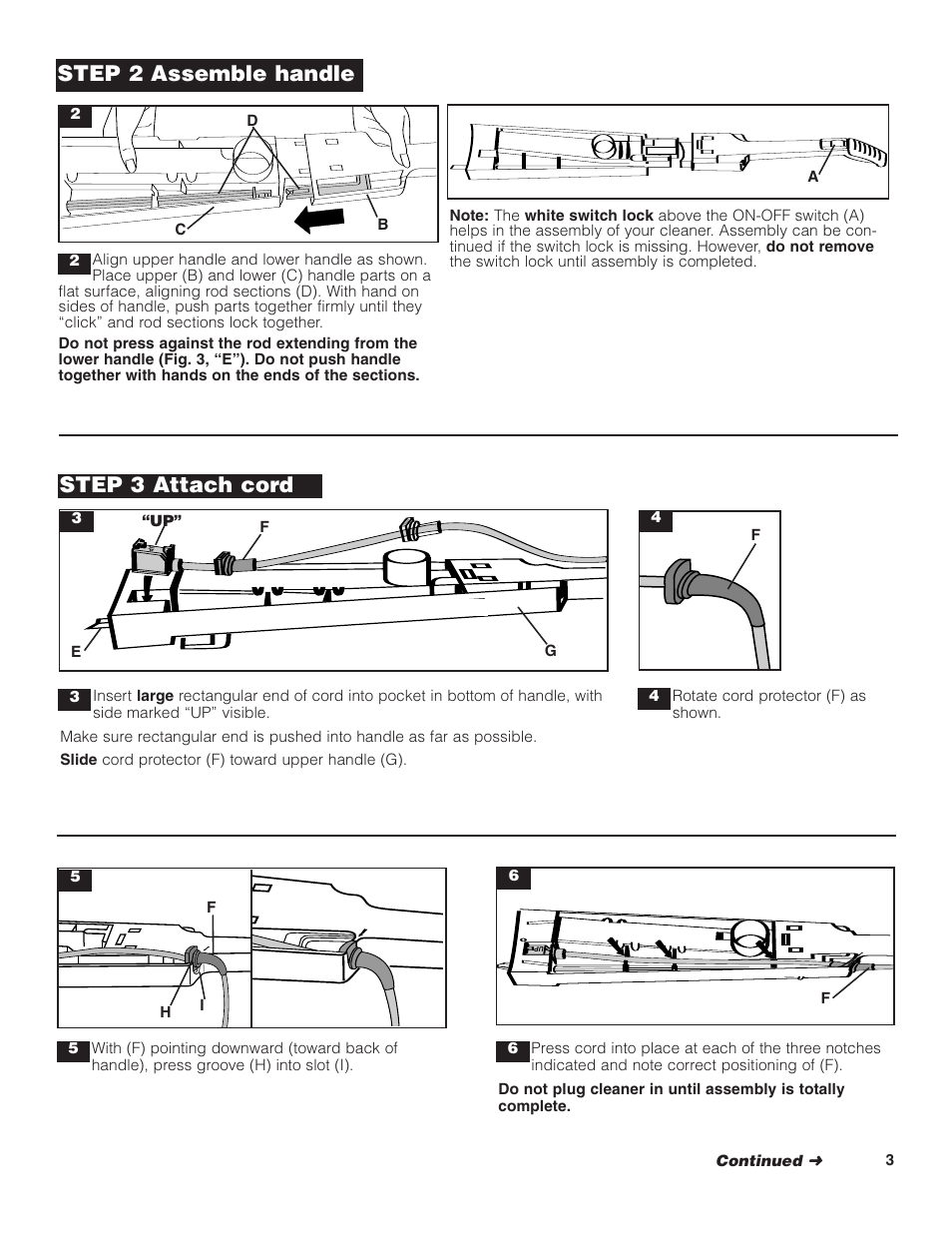 Step 3 attach cord, Step 2 assemble handle | Hoover C1404 User Manual | Page 3 / 20
