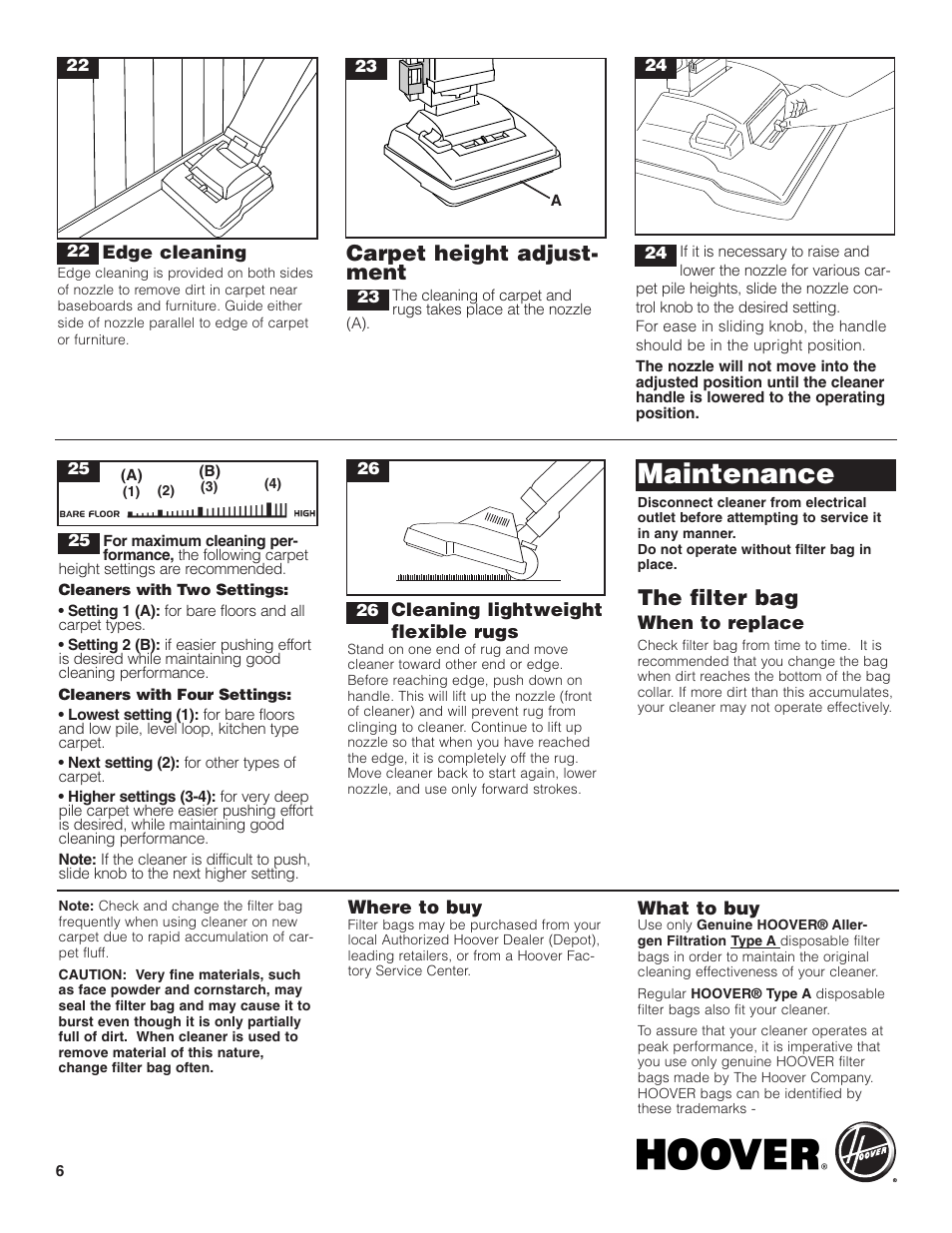 Maintenance, The filter bag, Carpet height adjust- ment | Hoover C1404 User Manual | Page 6 / 20