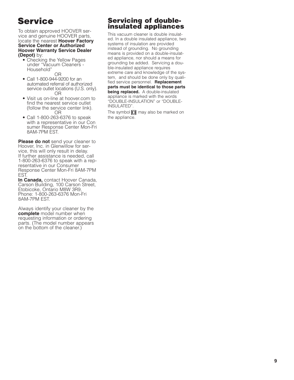 Service, Servicing of double- insulated appliances | Hoover C1404 User Manual | Page 9 / 20