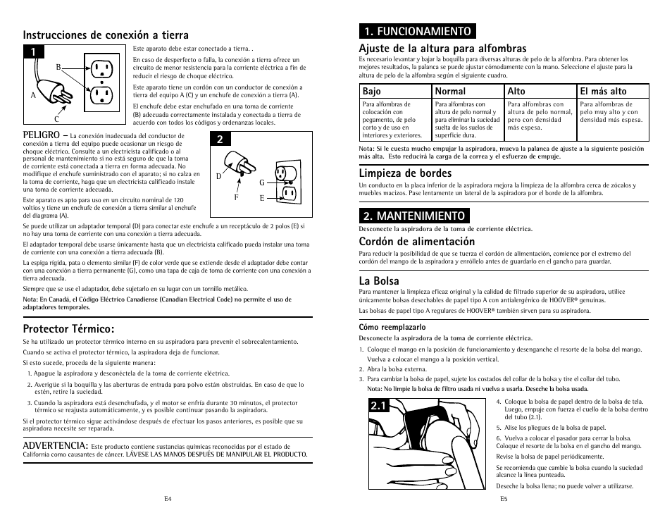 Cordón de alimentación la bolsa limpieza de bordes, Mantenimiento, Instrucciones de conexión a tierra | Protector térmico | Hoover C1631 User Manual | Page 12 / 12