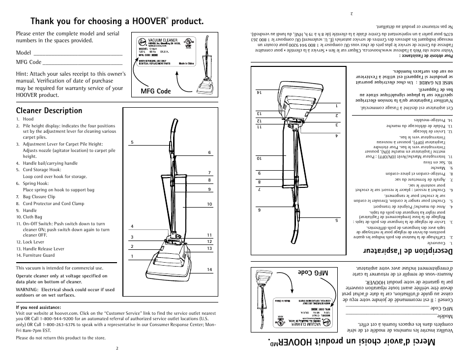 Merci d’avoir choisi un produit hoover, Product, Description de l’aspirateur | Cleaner description, Mfg code | Hoover C1631 User Manual | Page 2 / 12